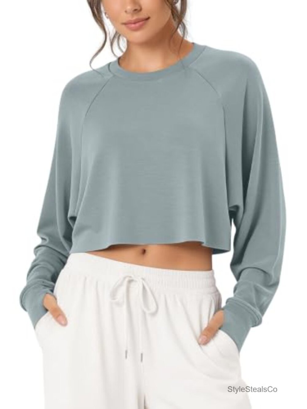 Modal Soft Long Sleeve Cropped Sweatshirt Thumb Hole Crew Neck Pullover